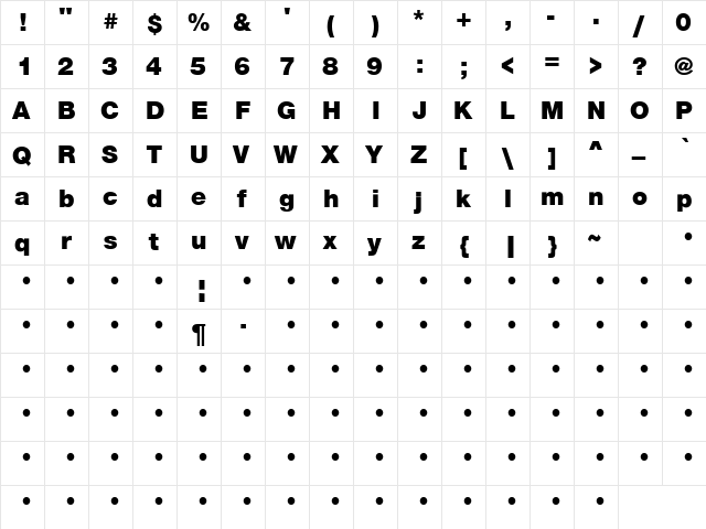 QTHelvet-Black Regular  glyph index