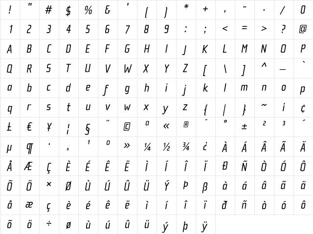ChollaSans Italic  glyph index