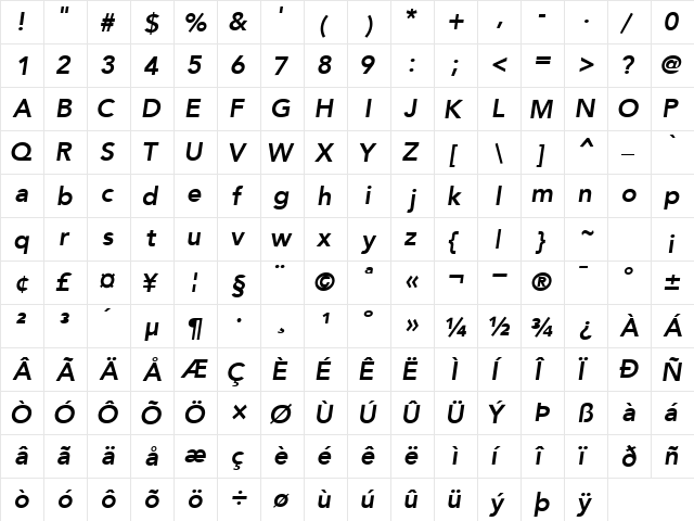 ExpoSSK Bold Italic  glyph index