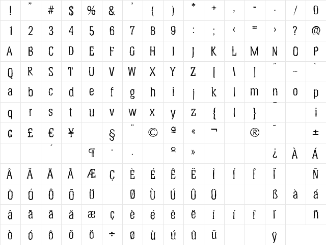 HeliumAntique Regular  glyph index