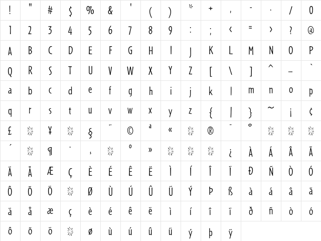 Cafeteria Light  glyph index