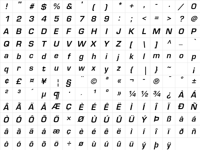 Eurostile LT Std Demi Oblique  glyph index