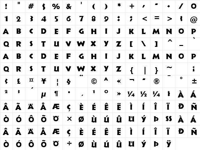 Informal011 BT Roman  glyph index