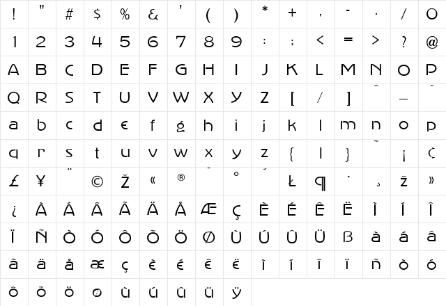 AdvertisersGothicLight Regular  glyph index