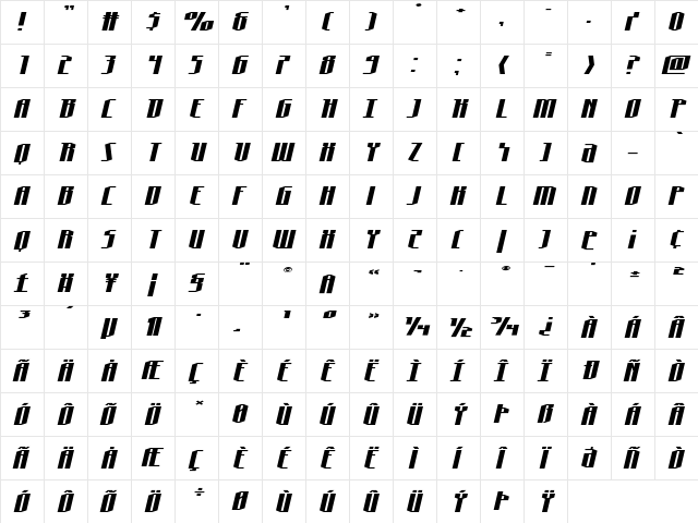 Hydronaut Wide Italic Regular  glyph index