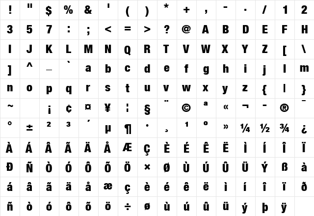 Helvetica Neue LT Com 97 Black Condensed  glyph index