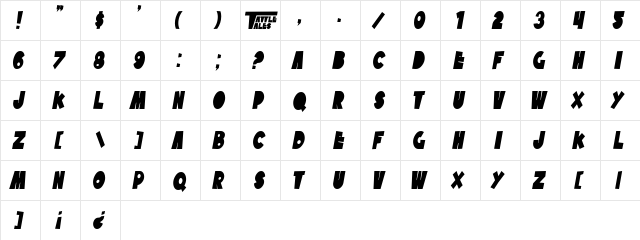 SF Tattle Tales Condensed Bold Italic  glyph index