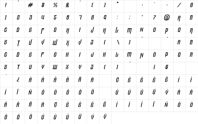 The Lost Canyon Italic  glyph index