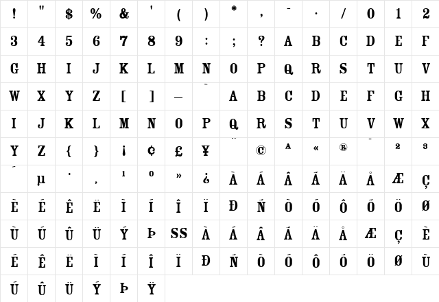 RosewoodFill Roman  glyph index