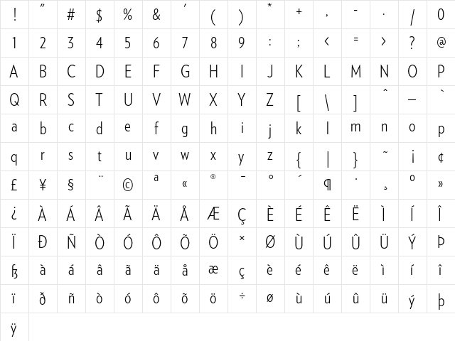 Verlag Condensed Light  glyph index