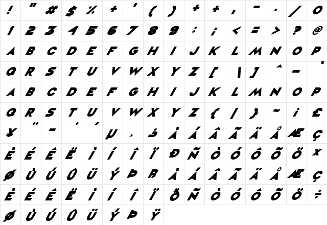 Vampire Raves Italic  glyph index