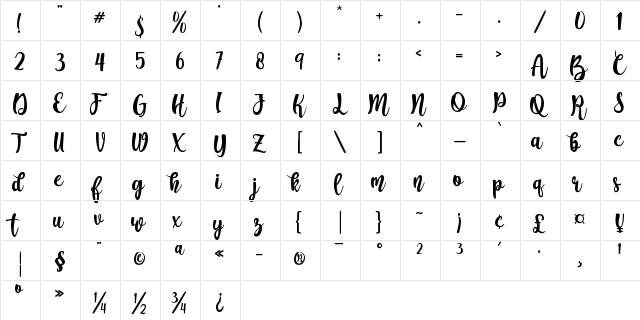 Augustha demo Regular  glyph index