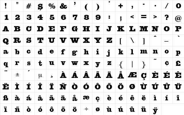 Bergamo Regular  glyph index