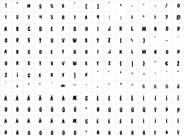 Leatherface Regular  glyph index