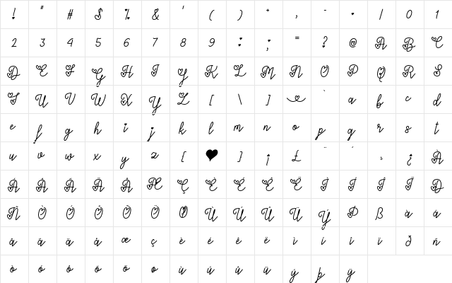 Lovers in February Regular  glyph index