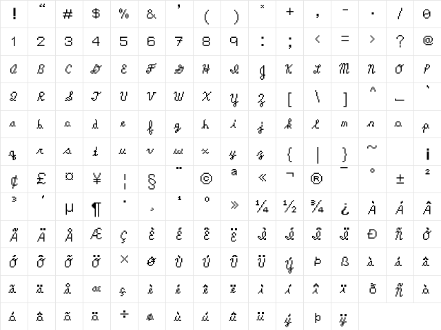 americancursive Medium  glyph index