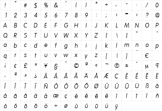 Volkswagen-LightIta Regular  glyph index