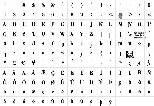 CantabileBold Regular  glyph index