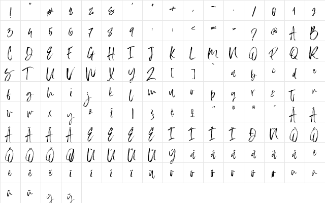 Slabor Brush Regular  glyph index