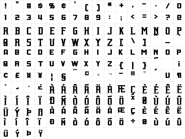 Indiana Regular  glyph index