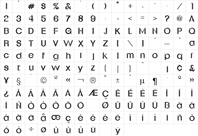 Uptight Regular  glyph index