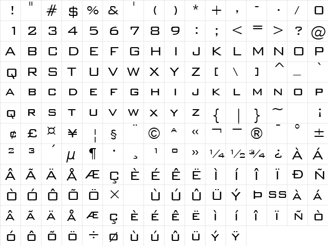 WallStreet Regular  glyph index