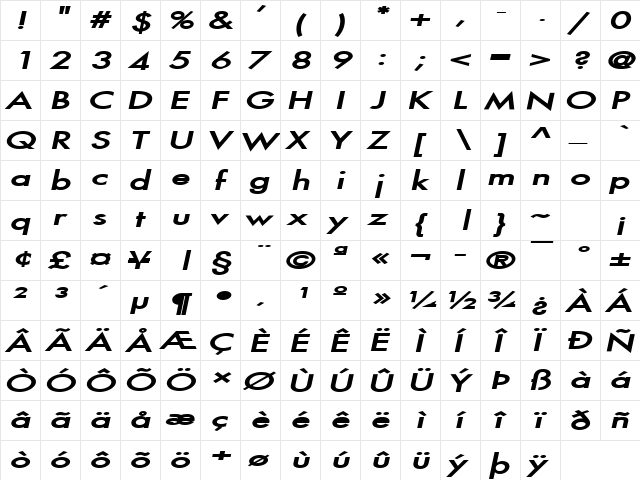 Fusi Extended BoldItalic  glyph index