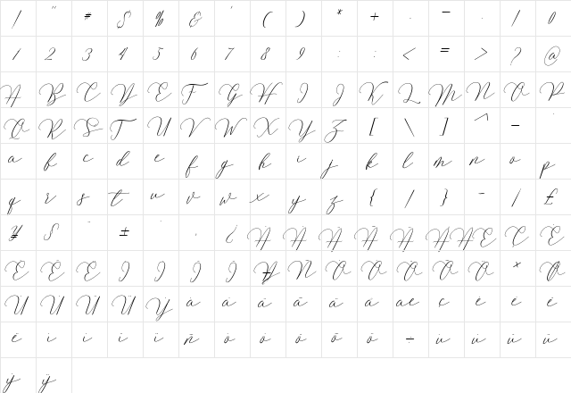 Mirrabella Regular  glyph index