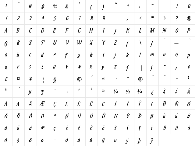 Zeitgeist MT Italic  glyph index