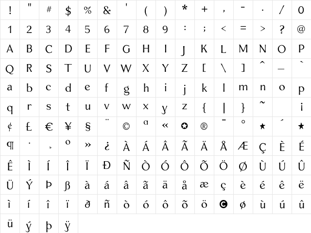 VenisRegular Regular  glyph index