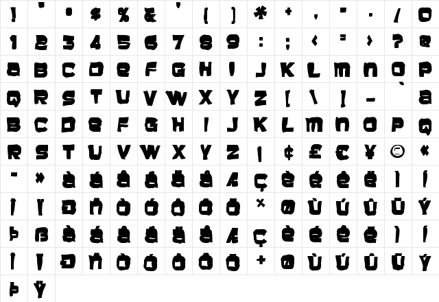 Baveuse Ink Regular  glyph index
