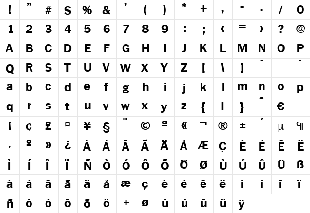 Plymouth-Bold Regular  glyph index