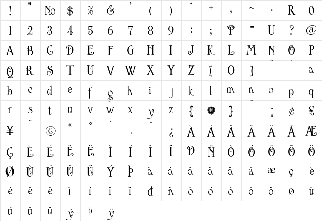 LHF English Rose Regular  glyph index