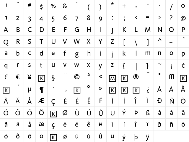 Kievit Regular  glyph index