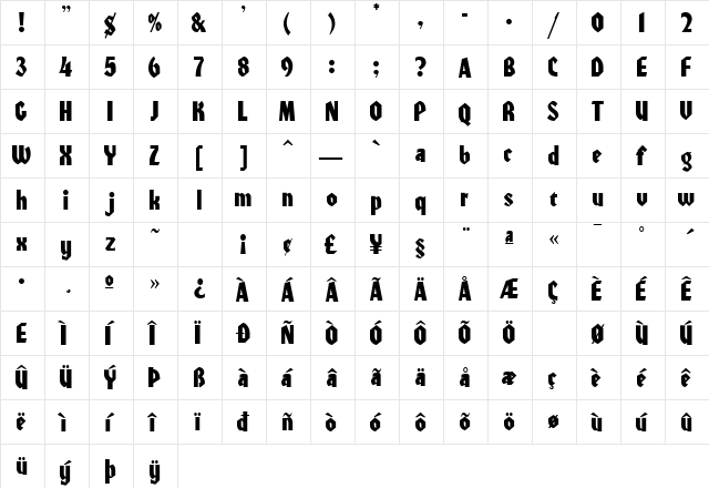 Hombre Regular  glyph index