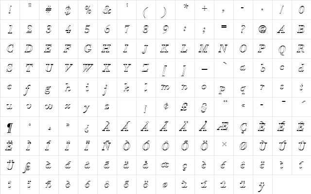 BodoniAntTRegItaOu1 Regular  glyph index