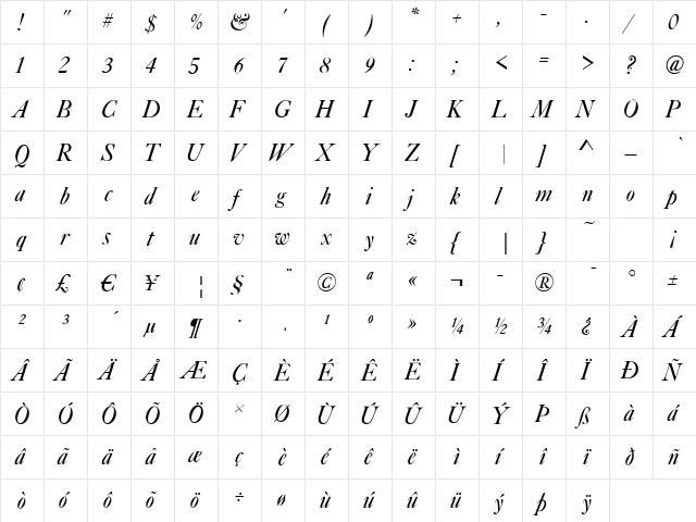 Caslon-Elegant Italic  glyph index