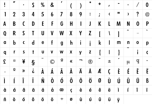 Limerick-MediumCond Regular  glyph index
