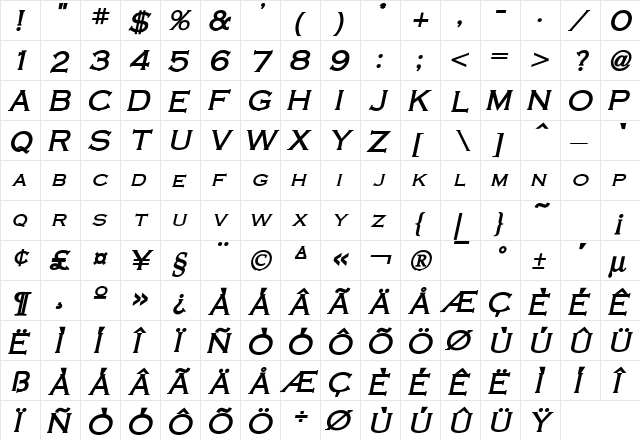 Cobalt Bold Italic  glyph index