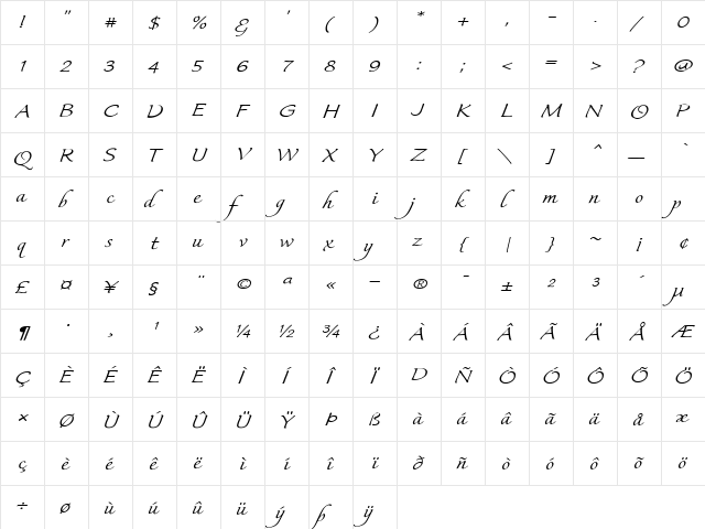 Italican Script Expand Regular  glyph index