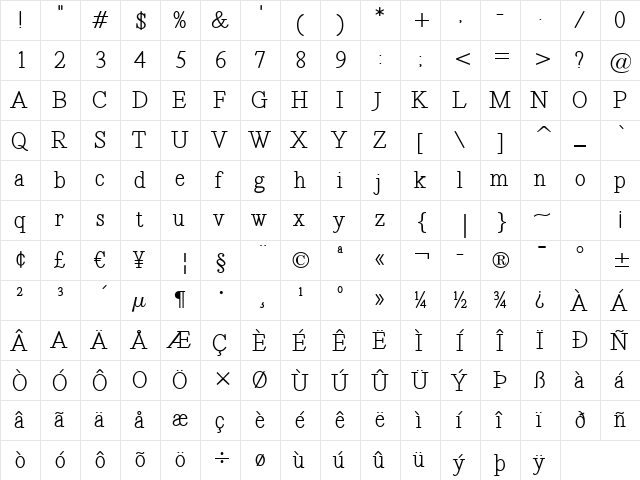 Revelation BTN Bold  glyph index