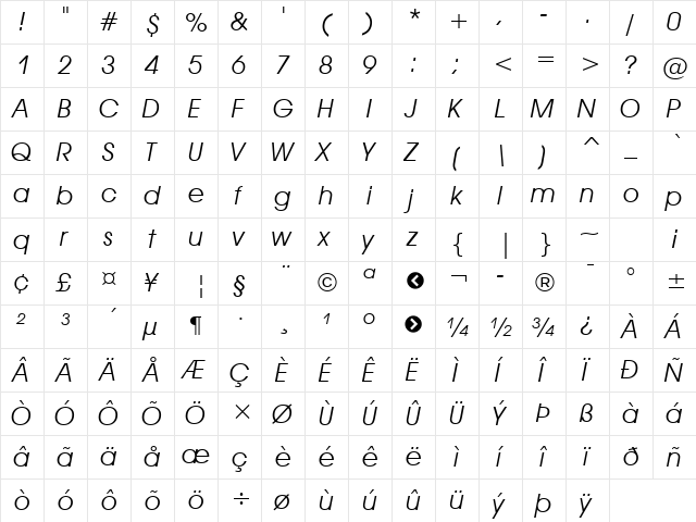 Decker Italic  glyph index