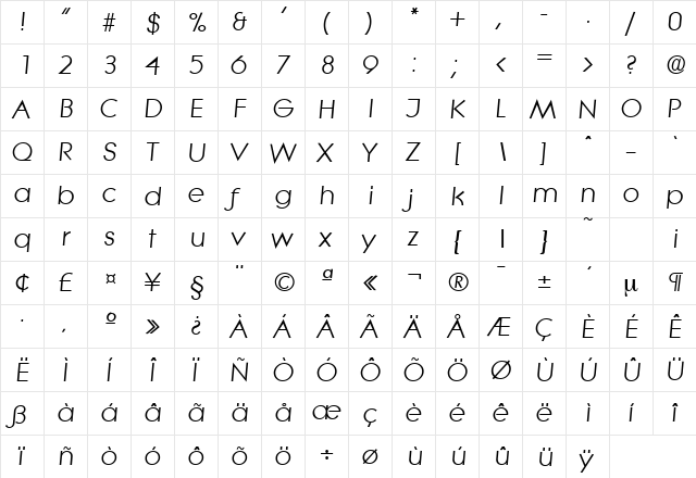 Litera-Serial DB RegularItalic  glyph index