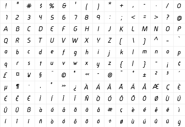 Cineplex LT Bold Italic  glyph index