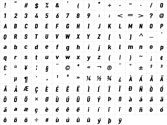 MechanicGothic Medium Italic  glyph index