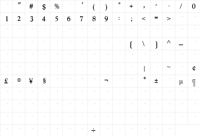 HessOSTab Regular  glyph index