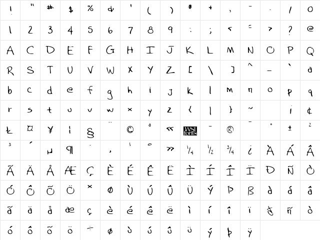 AstersHand Regular  glyph index