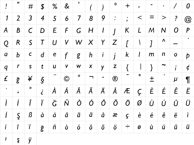 GillSansItalic Regular  glyph index