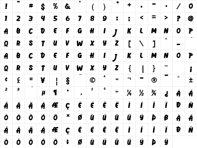 Vanily Regular  glyph index