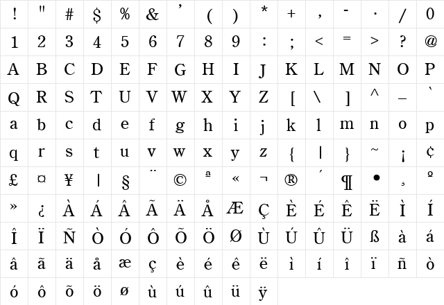 OldStyleClassic Regular  glyph index